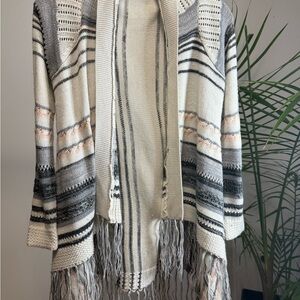 Striped Fringe Open-Front Sweater